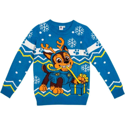 Paw-Patrol-Julesweater-Chace-blå-4-8-år