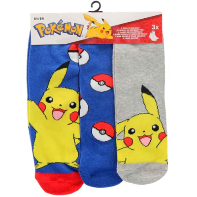 Pokemon-strømper-Pikachu-3-pak-blå-grå