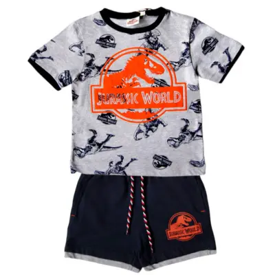 Jurassic-world-t-shirt-og-shorts-sæt-grå-navy