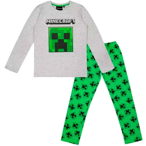Minecraft-creeper-pyjamas-grå-grøn-str.-8-12-år