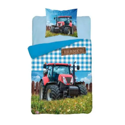 Farmer sengetøj i blåt med rød traktor