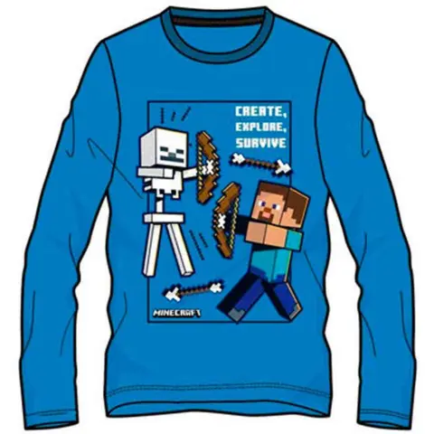 Minecraft-t-shirt-langærmet-blå-str.-6-12-år-Steve